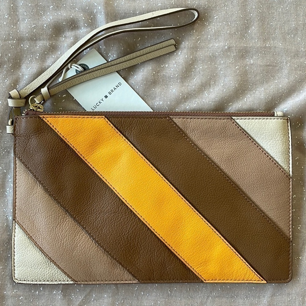 Brand New Lucky Brand Genuine Leather Pale Ecru Multi Yellow Zippered Wristlet